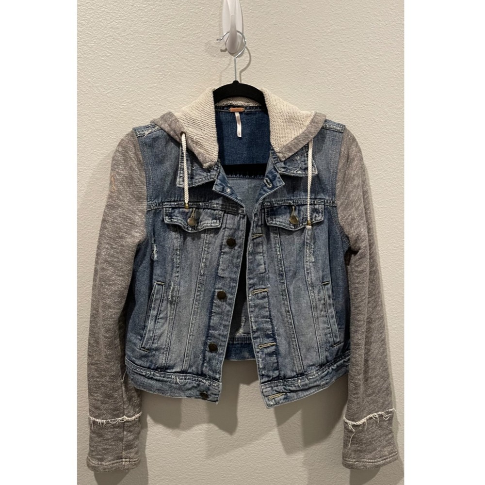 FREE PEOPLE Knit Sweatshirt Hooded Denim Jacket